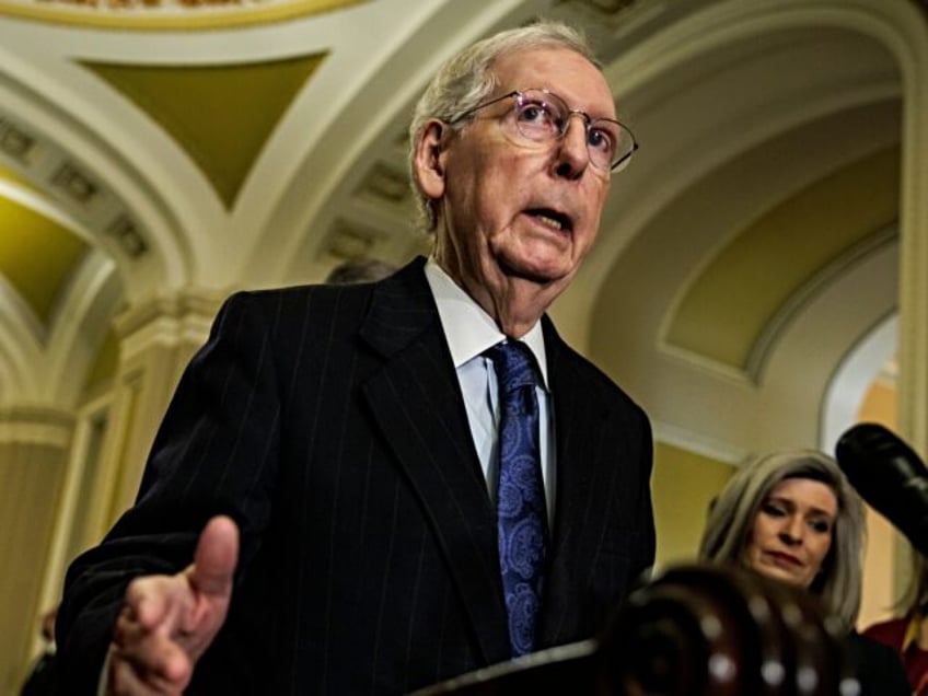 WASHINGTON, DC - JANUARY 23: Senate Minority Leader Mitch McConnell (R-KY) speaks during a press conference following the Republicans weekly policy luncheon on January 23, 2024 in Washington, DC. Negotiations over border security, military aid to Ukraine and Israel, and the government budget continue this week on Capitol Hill. (Photo …