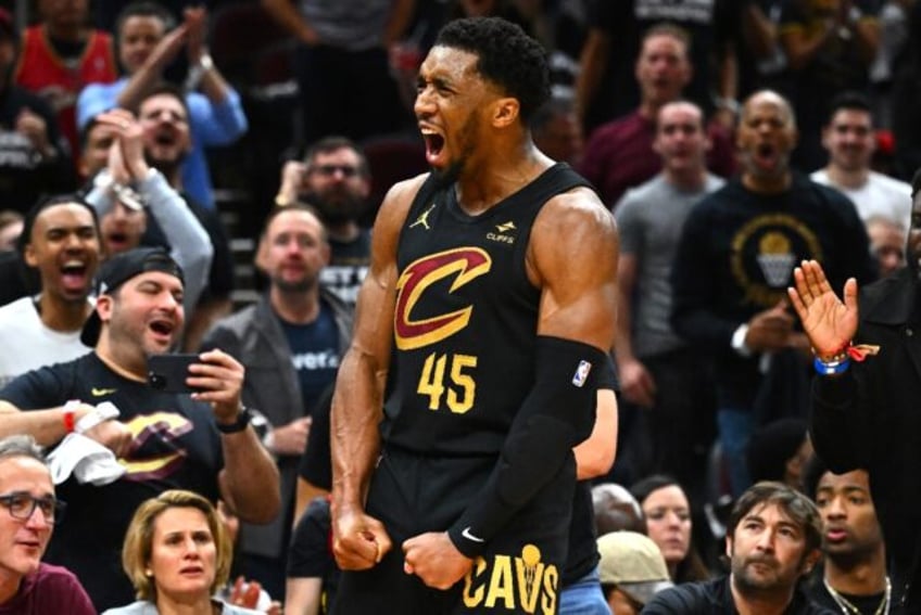 Donovan Mitchell of the Cleveland Cavaliers reacts in the fourth quarter of the Cavs' seri