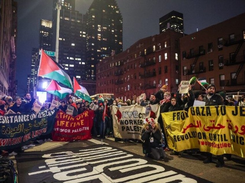 NEW YORK, US - JANUARY 12: Pro-Palestinians in New York City join "Hands Off Yemen" rally outside of the United Nations mission of Yemen on East 51st Street in Midtown, Manhattan, on Friday, January 12, 2024. (Photo by Selcuk Acar/Anadolu via Getty Images)