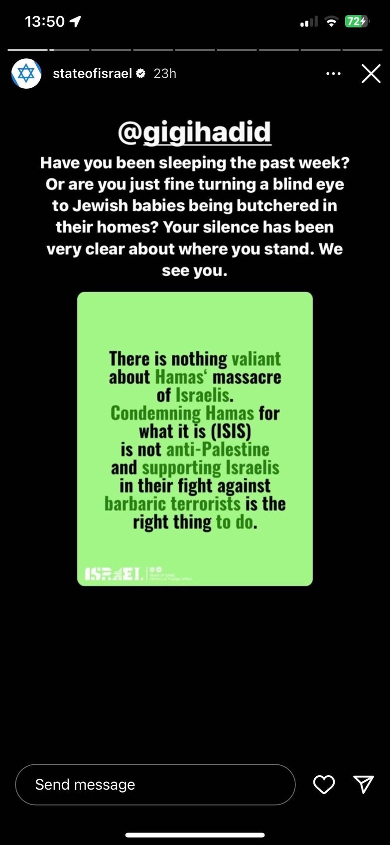 model gigi hadid condemned by israeli government are you fine with turning a blind eye to jewish babies being butchered