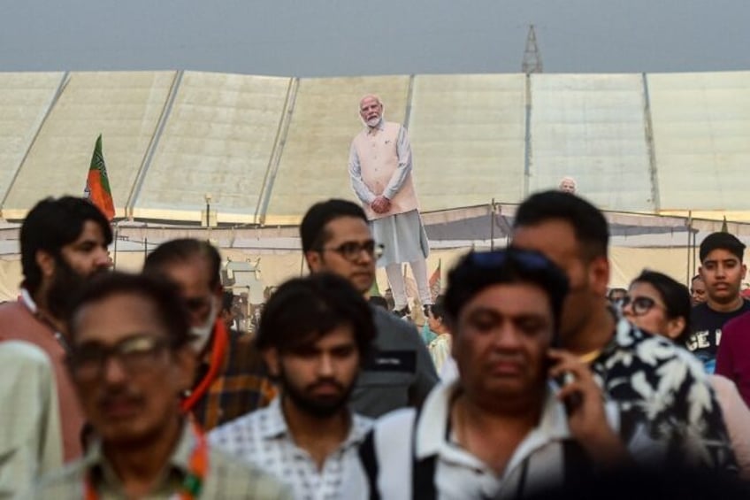 A large cut-out of India's Prime Minister Narendra Modi is pictured during an election cam