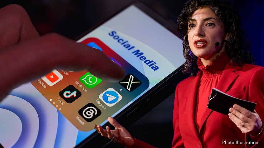 Photo illustration of Julie Scelfo and social media apps