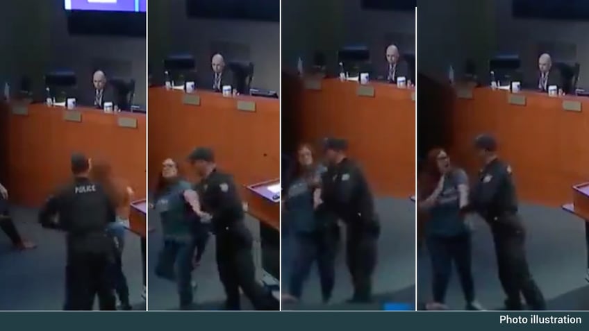 Mom gets kicked out of meeting, arrested, in Surprise, Arizona. 