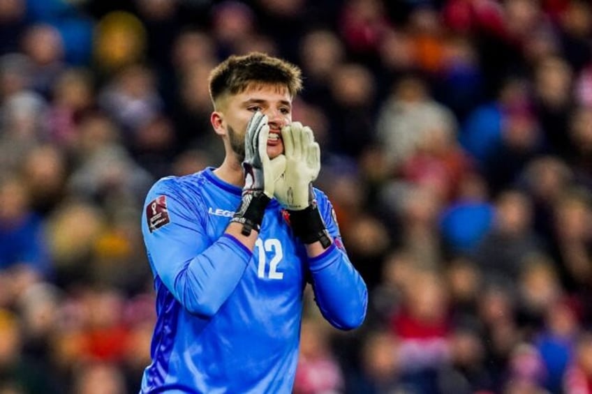 Matija Sarkic playing for Montenegro in a World Cup qualifier in Norway in 2021