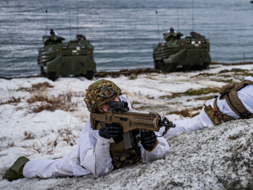 TOPSHOT - Italian Marines take position during an amphibious assault demonstration, part o