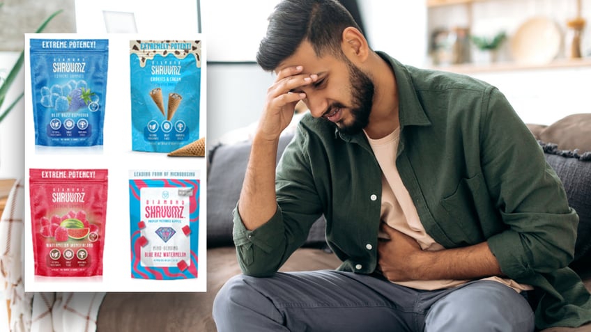 Split image of chocolate products and sick man