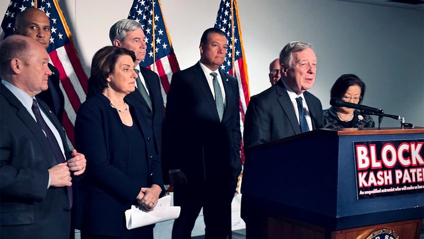 Senate Judiciary Committee Democrats led by Sen. Dick Durbin, D-Ill., speak at a press conference to denounce FBI director nominee Kash Patel.