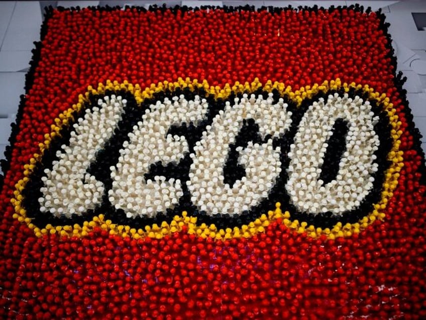 A Lego logo is pictured during the annual New York Toy Fair, at the Jacob K. Javits Conven