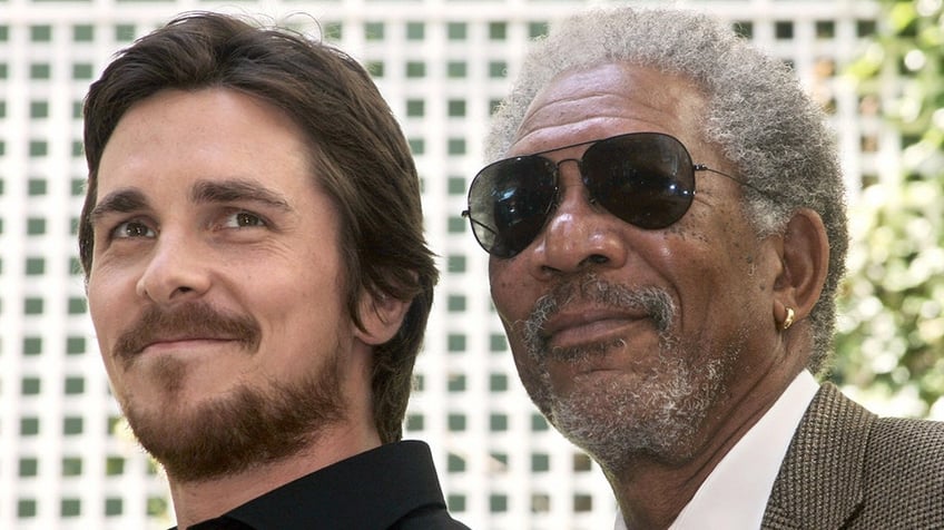 Christian Bale and Morgan Freeman at photocall for "The Dark Knight"