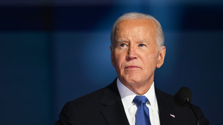 CHICAGO, ILLINOIS - AUGUST 19: U.S. President Joe Biden speaks onstage during the first day of the Democratic National Convention at the United Center on August 19, 2024 in Chicago, Illinois. Delegates, politicians, and Democratic party supporters are in Chicago for the convention, concluding with current Vice President Kamala Harris accepting her party's presidential nomination. The DNC takes place from August 19-22. (Photo by Brandon Bell/Getty Images)