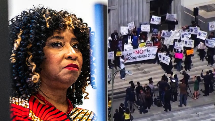 Alameda County District Attorney Pamela Price and protest split image