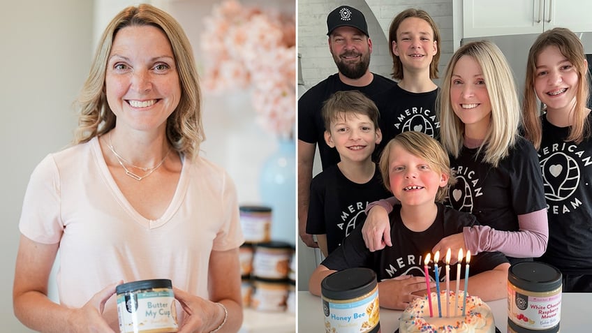 Lea Hurley, left, poses for a picture holding one of her nut butters. She and her family, right, say they're living the American dream since she turned her American Dream Nut Butter business into a company.