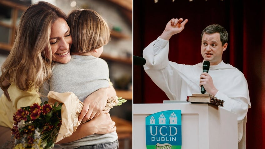 mother hugging child split with Dominican friar