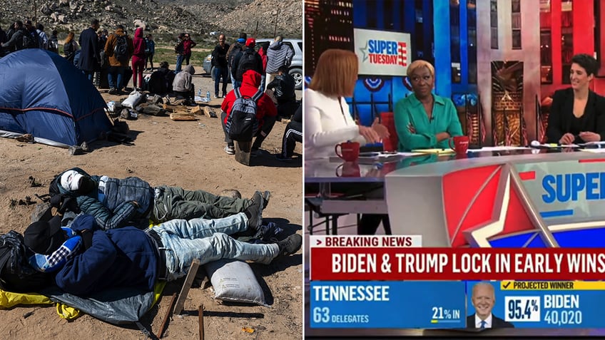Migrants at the US-Mexico border and MSNBC screenshot split image