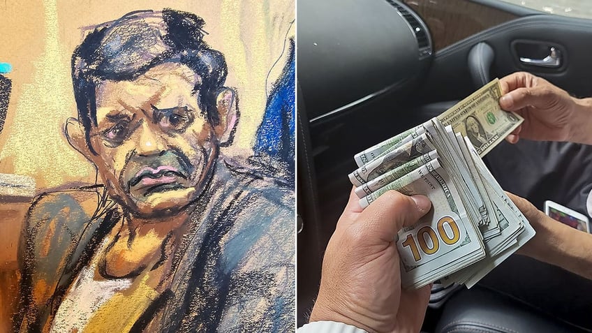 Drawing of Nikhil Gupta, 52, and an image of money exchanging hands