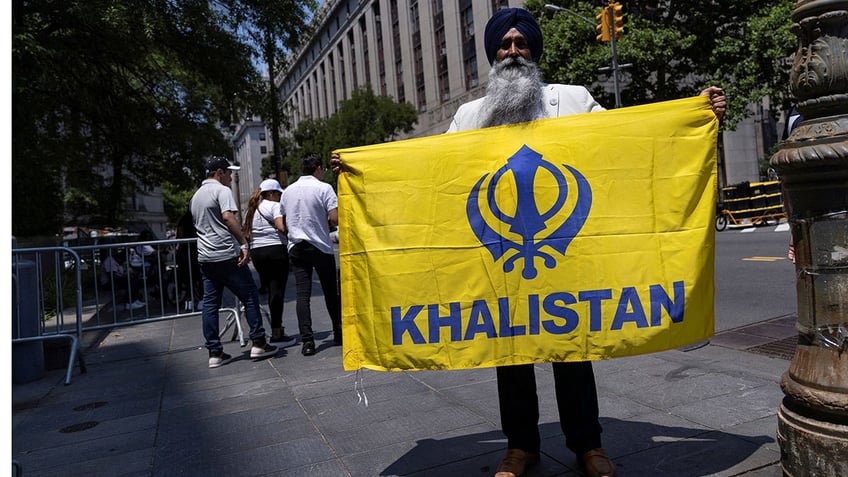 A member of the Sikh community protests in Manhattan