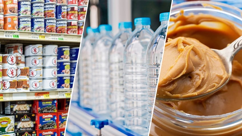 Triple split image of canned food on one side, bottles of water in the middle, and peanut butter on the other side.