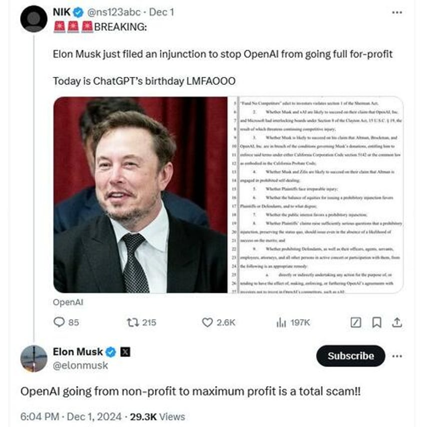 musk pushes again to block openais illegal conversion to for profit model