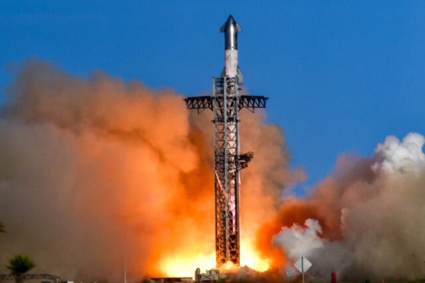 Starship (pictured during a test flight) -- the world's largest and most powerful rocket -