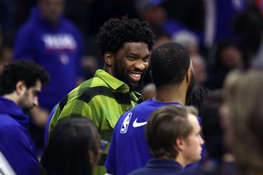 Joel Embiid of the Philadelphia 76ers reacts during the second quarter against the Dallas Mavericks at the Wells Fargo Center on February 5.