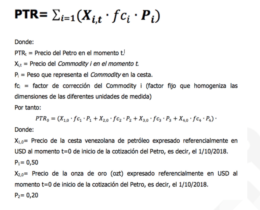 A "math" equation the Venezuelan socialist government published as an explanation of how the "Petro" scam cryptocurrency was allegedly backed by the existence of natural resources on Venezuelan soil. The regime admitted shortly thereafter that they fixed the price of the Petro to $60 a unit randomly.