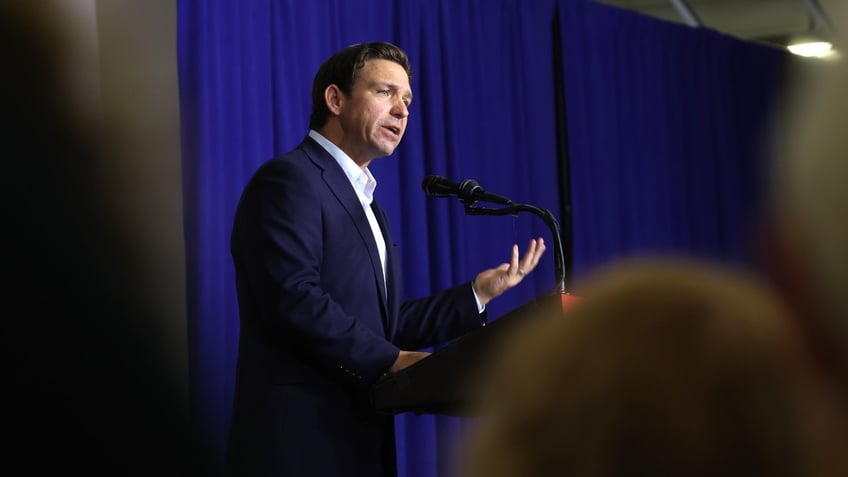 Republican presidential candidate Florida Governor Ron DeSantis speaks to guests