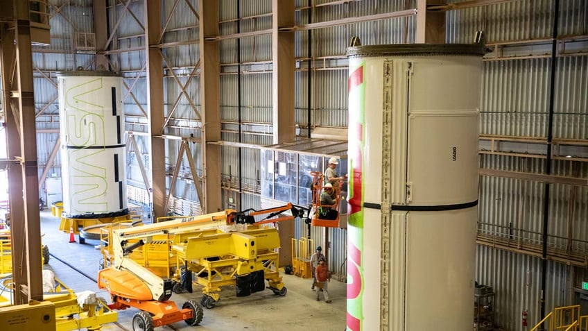 painting nasa worm logo onto SLS boosters