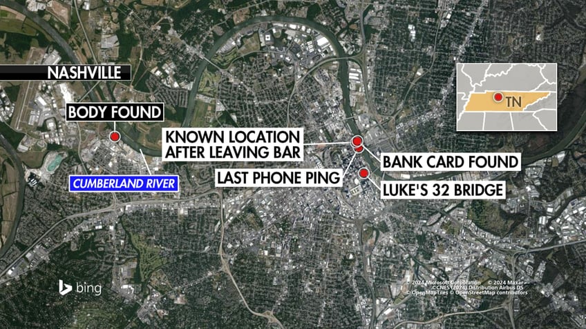 A map of Riley Strain's last known movements and cellphone pings on March 8 compared to where his body was located on March 22