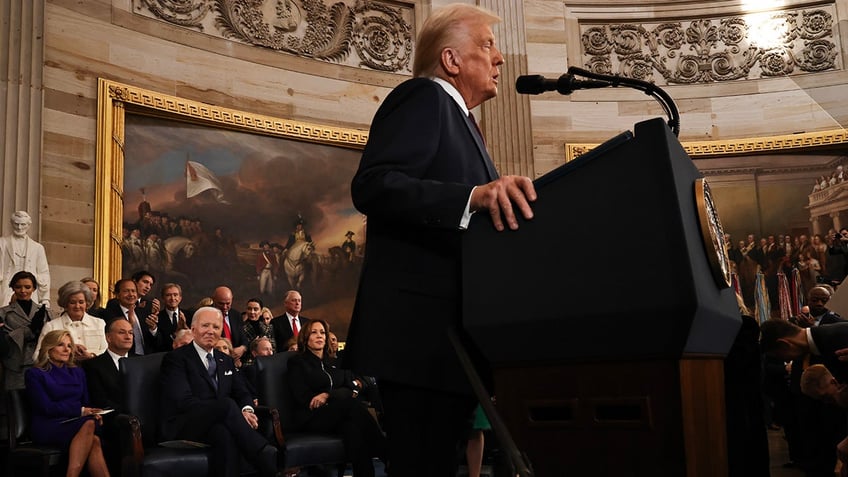 U.S. President Donald Trump speaks during inauguration ceremonies in the Rotunda