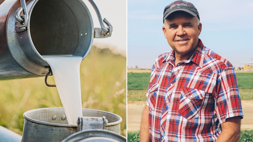 Raw milk is poured from one container into another, left. Mark McAfee is shown, right.