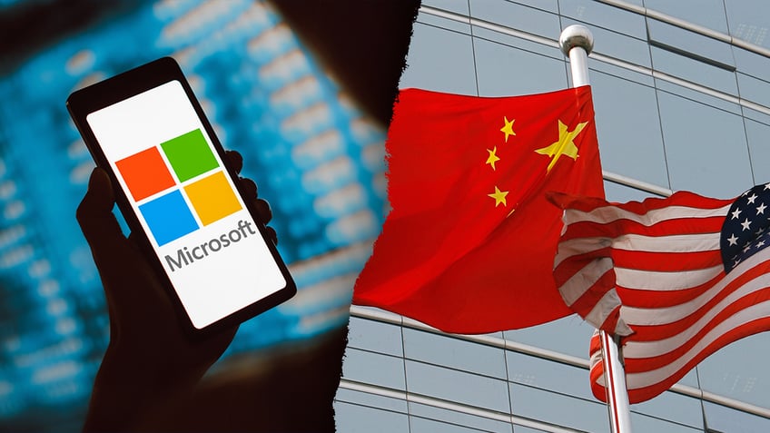 microsoft logo on phone; China and US flags
