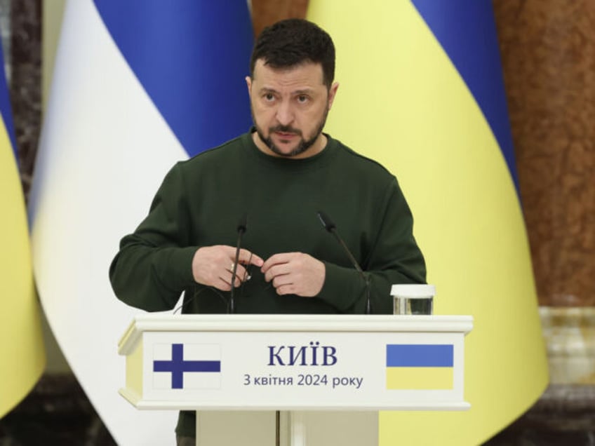 KYIV, UKRAINE - APRIL 3: President of Ukraine Volodymyr Zelenskyy talks during a joint pre