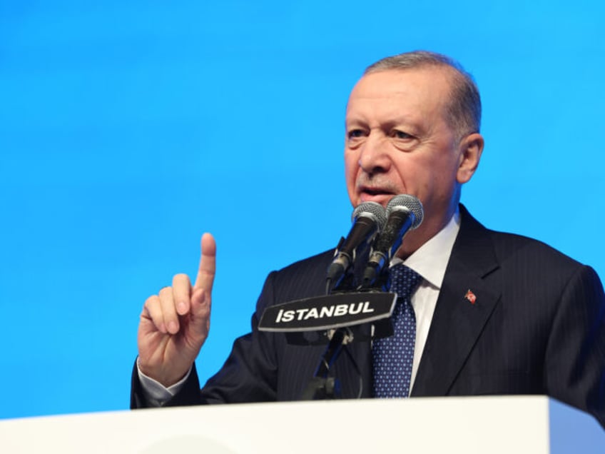 ISTANBUL, TURKIYE - DECEMBER 09: Turkish President Recep Tayyip Erdogan delivers remarks within World Human Rights Day Event, at Halic Congress Center, in Istanbul, Turkiye on December 09, 2023. (Photo by Mustafa Kamaci/Anadolu via Getty Images)