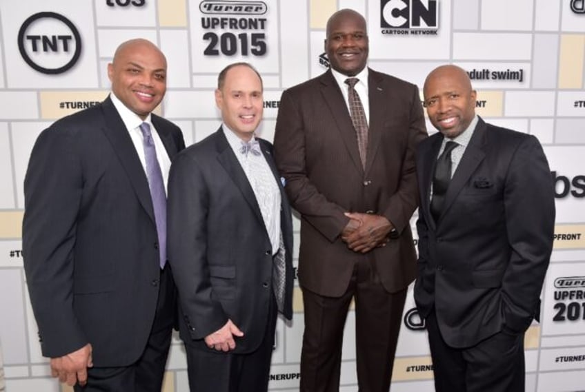 Former NBA players Charles Barkley, left, Kenny Smith, right, and Shaquille O'Neal, second