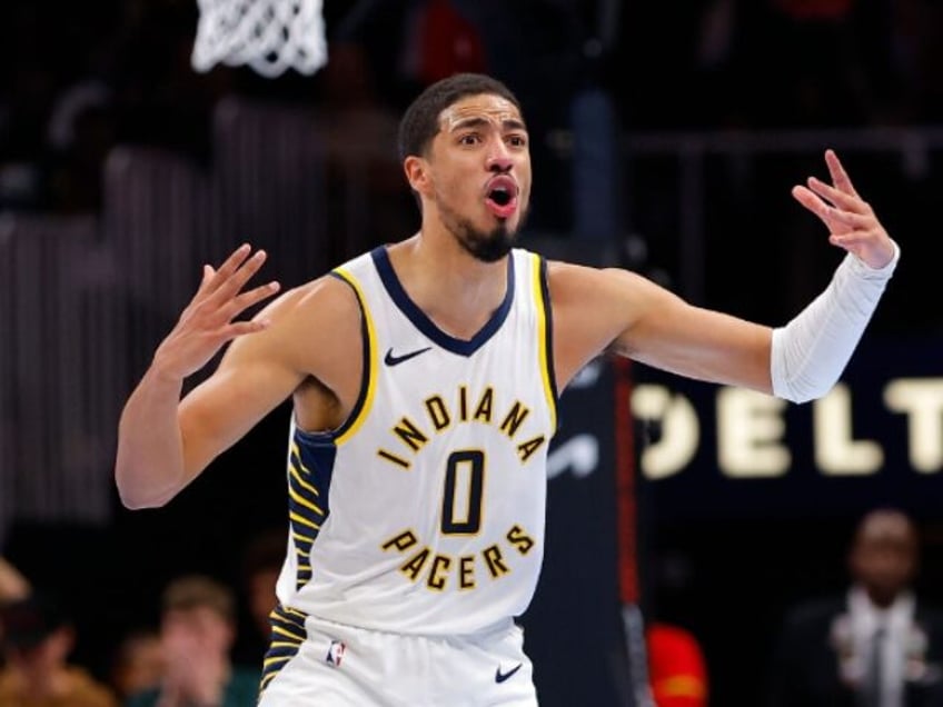 ATLANTA, GEORGIA - NOVEMBER 21: Tyrese Haliburton #0 of the Indiana Pacers reacts during t