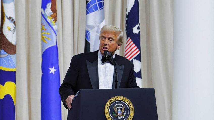 Donald Trump at lectern at inaugural ball