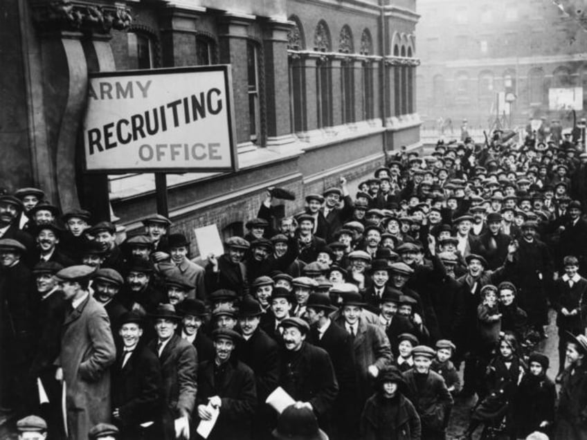 December 1915: A crowd of young men queuing up at the Army Recruiting Office at Southwark