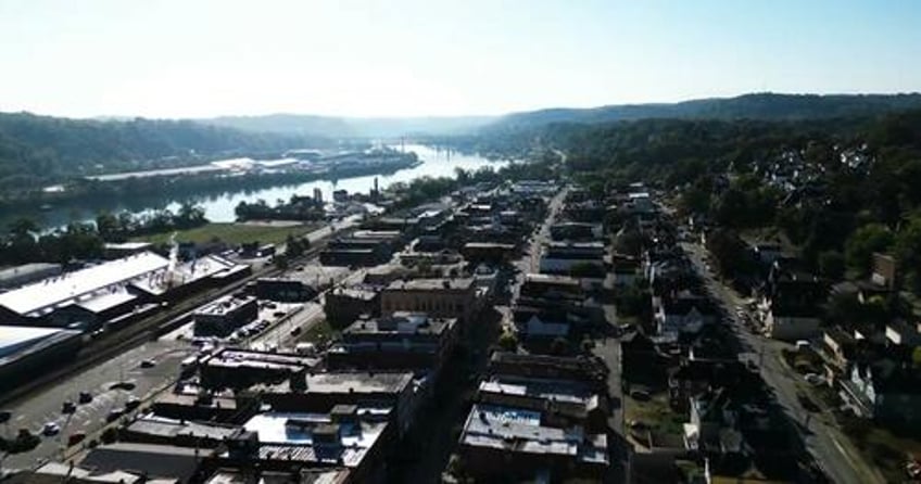 Aerial view of Charleroi, PA, via America 2100. 