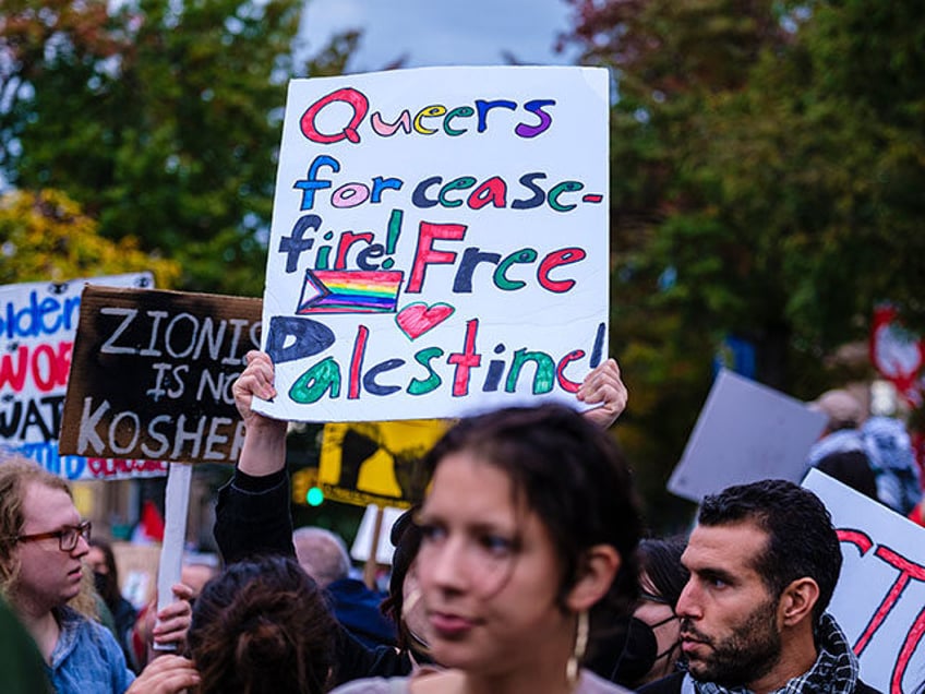 Pro-Palestinian demonstrators chanting, carrying signs and flags fill the streets of Bay R