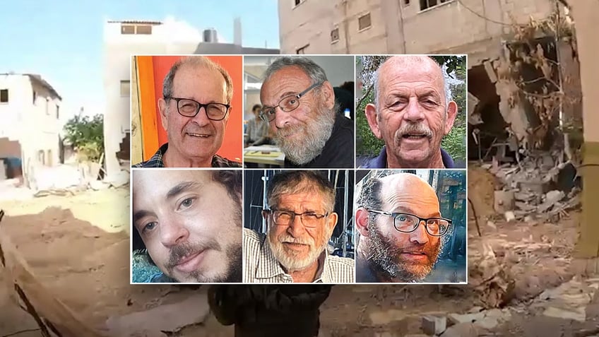 Israel announced it had recovered the bodies of six hostages from Gaza, clockwise from top left, Avraham Munder, Alex Dancyg, Chaim Peri, Nadav Popplewell, Yoram Metzger and Yagev Buchshstab. (Hostages and Missing Families Forum and IDF Spokesman's Unit.)