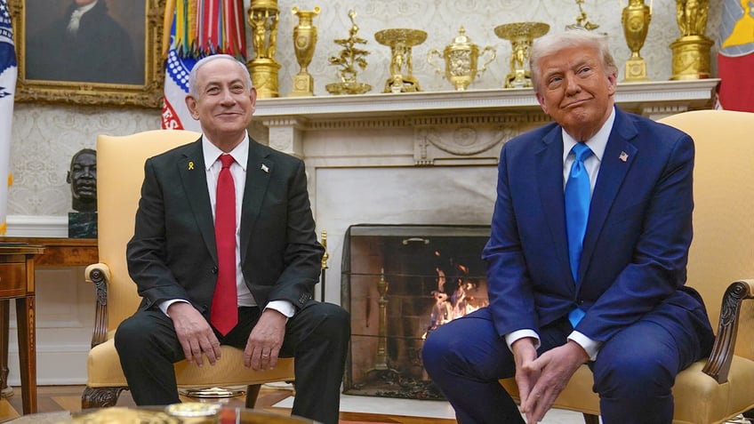 Israeli Prime Minister Benjamin Netanyahu and President Donald Trump sit in the Oval Office