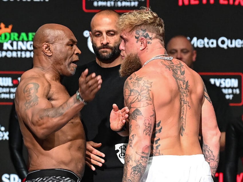 Texas , United States - 14 November 2024; Mike Tyson, left, and Jake Paul face off during