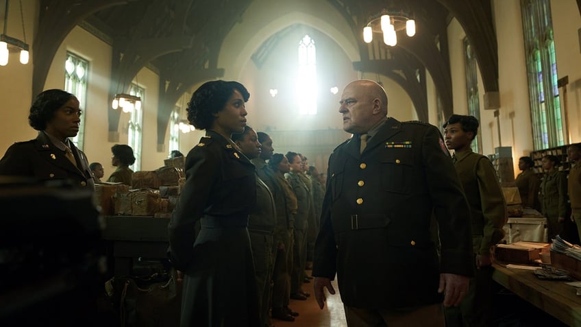 Kerry Washington appears as U.S. Army Maj. Charity Adams of the 6888th postal battalion in a scene from Netflix's "The Six Triple Eight."