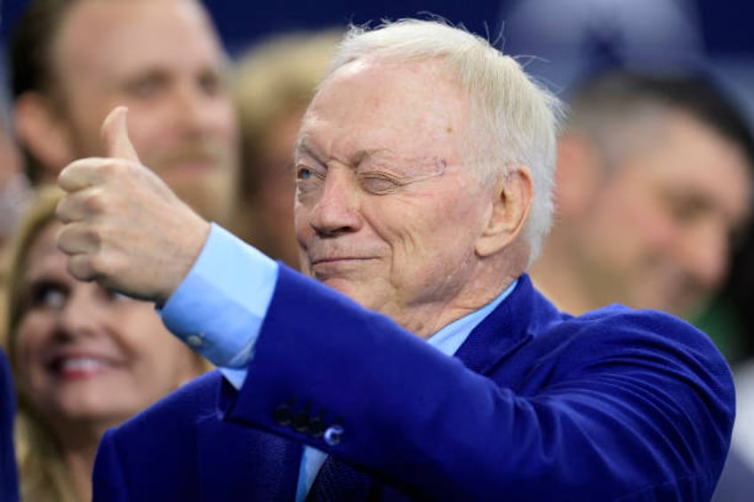 Dallas Cowboys owner Jerry Jones waves to fans during the game against the New York Giants at AT&T Stadium on November 12, 2023 in Arlington, Texas.