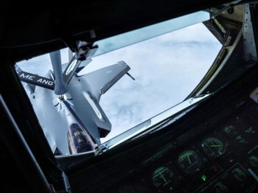 A Norwegian F-35 Lightning fighter jet refuels from an Air Refueling Wing KC-135 Stratotanker during the Arctic Challenge Exercise (ACE) near Orland Main Air station, Norway on June 1, 2023. Aircraft from Norway, Belgium, the Czech Republic, Italy, The Netherlands and the USA are based at Orland during the exercise. …