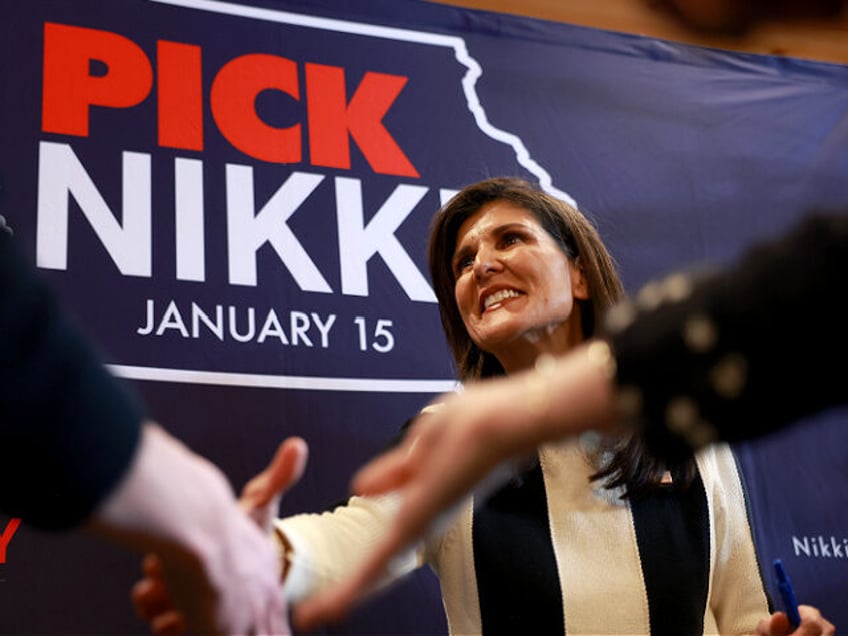 ADEL, IOWA - JANUARY 14: Republican presidential candidate former U.N. Ambassador Nikki Haley greets attendees during a campaign event at Country Lane Lodge on January 14, 2024 in Adel, Iowa. Iowa Republicans will be the first to select their party's nominee for the 2024 presidential race when they go to …