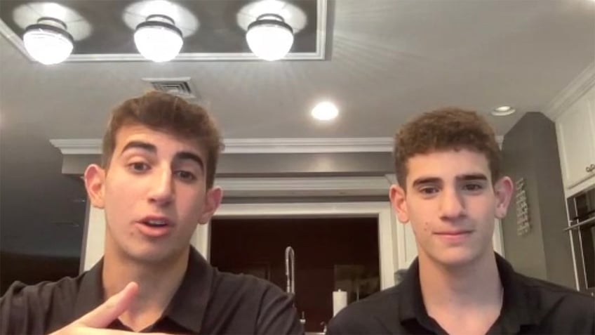 Two brothers sitting in a room. Both have brown hair.