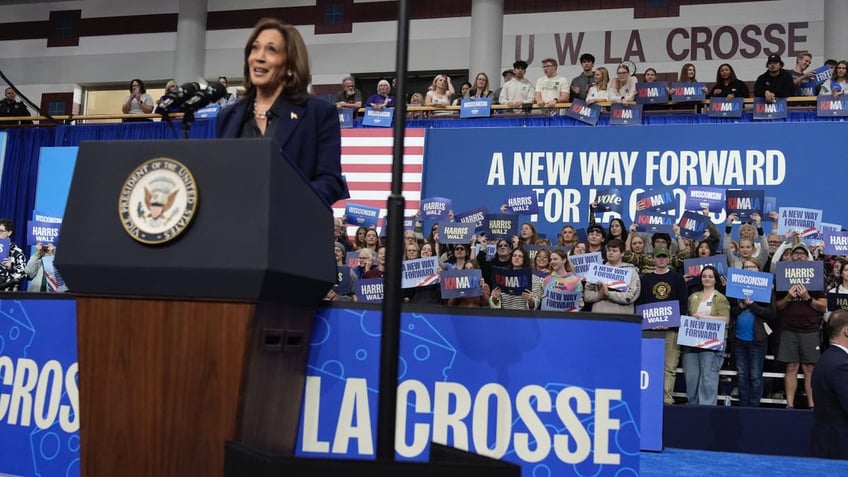 Vice President Kamala Harris speaks during a campaign rally at the University of Wisconsin La Crosse, Thursday, Oct. 17, 2024.