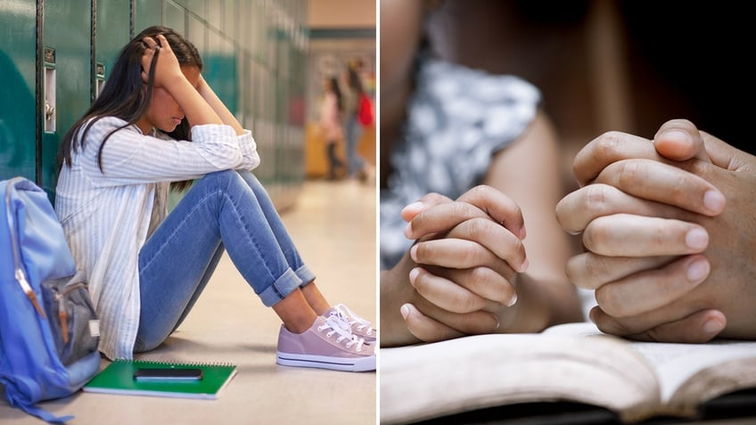Frustrated teen and praying hands