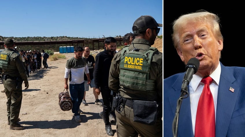 Border Patrol with migrants, left; President Trump, right